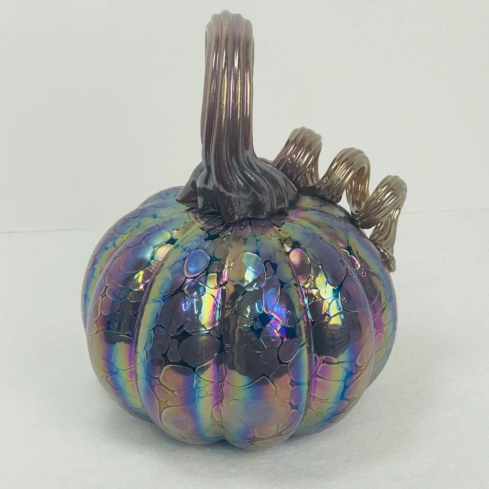 Tahari Home Iridescent Glass Pumpkin Oil Slick Rainbow Bubble Decor 7.5 Inch NEW